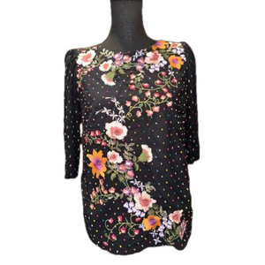 Anthropologie One September Blanche Top Black Floral Embroidered Shirt XS